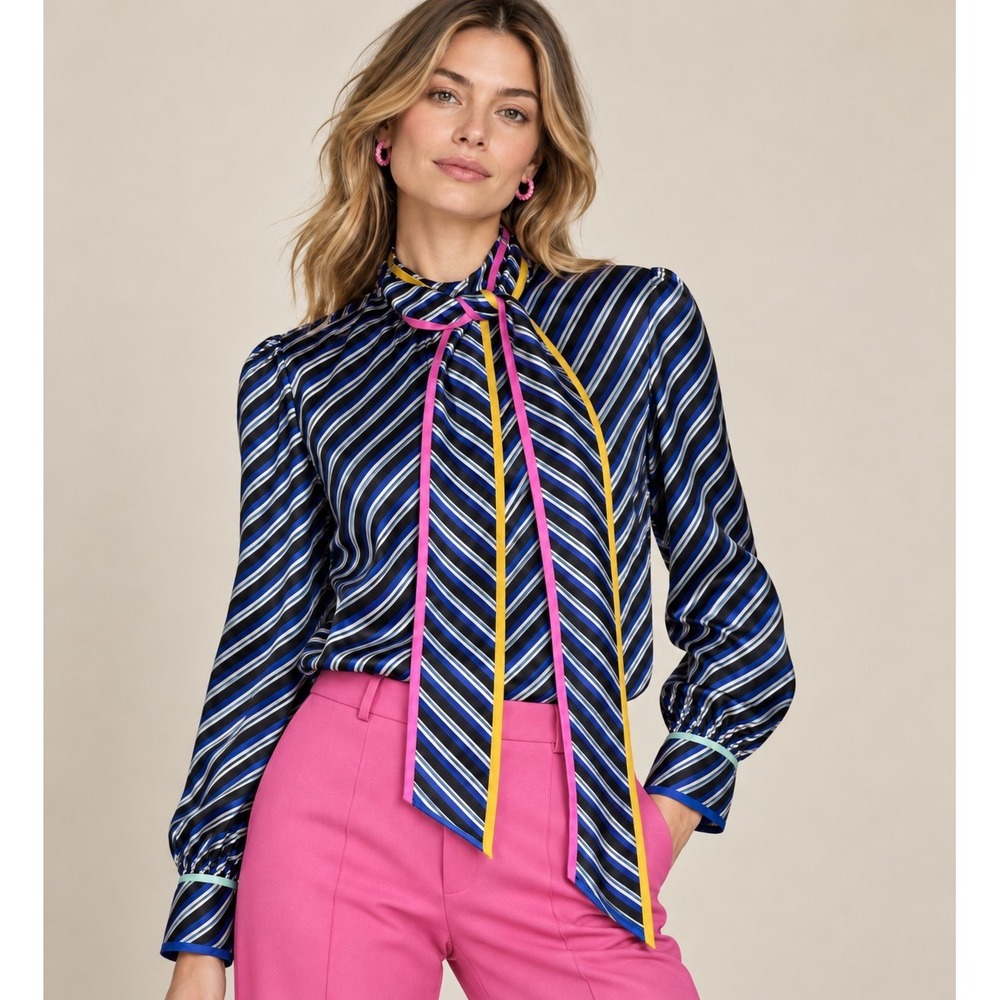 Tory Burch Silk Stripe Tie Neck Blouse Blue Black White Pink Yellow Size 6